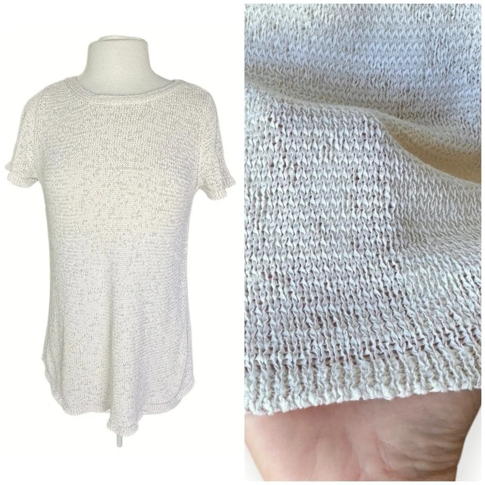 Eileen Fisher Ivory Organic Cotton and Nylon Ribbon Yarn Sweater Top. Large